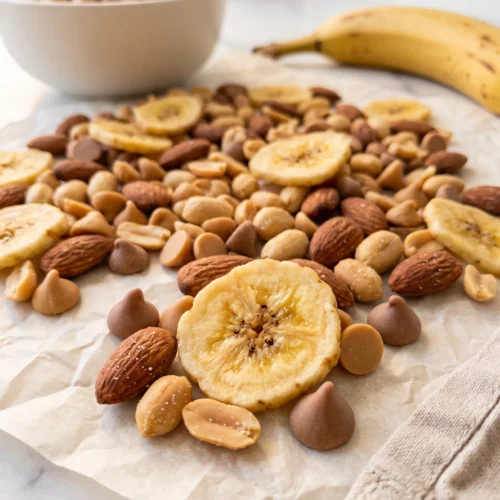 Close-up of trail mix with banana chips, whole roasted almonds, salted peanuts, peanut butter chips and milk chocolate chips