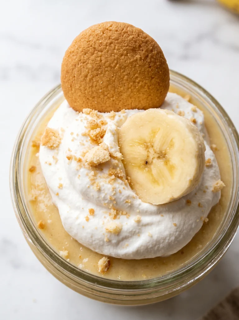 vegan banana pudding in glass jars — golden dairy-free custard layered with banana slices vanilla wafers and coconut whipped cream