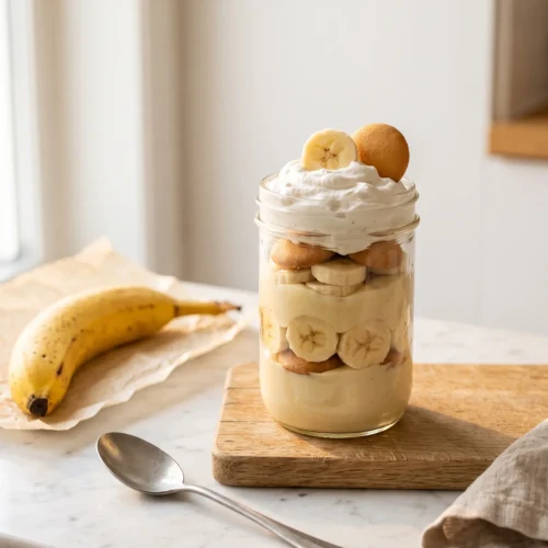 finished vegan banana pudding jar with coconut whipped cream garnish and long vintage spoon ready to serve on white marble
