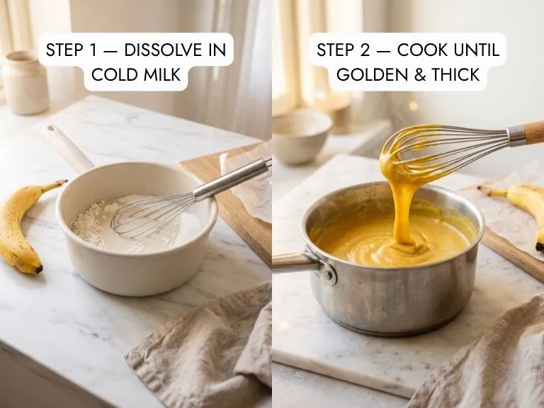how to make dairy-free vanilla custard for vegan banana pudding — whisking cornstarch in cold almond milk left and thick golden egg-free custard right