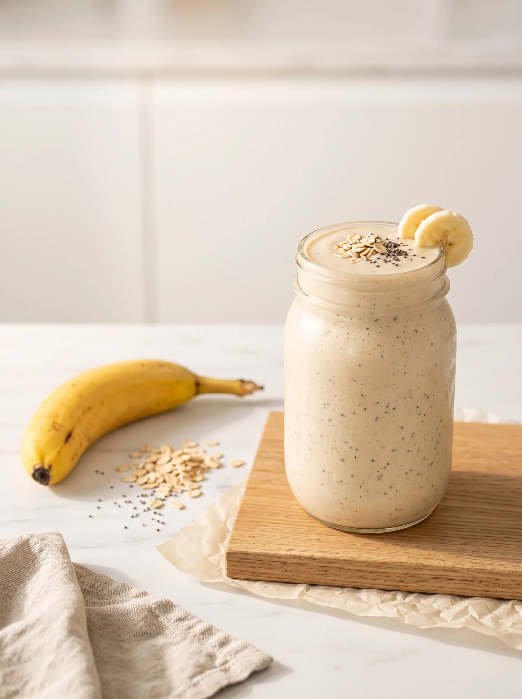 Vegan banana smoothie in a glass jar topped with rolled oats and chia seeds, beside a ripe banana on a white marble counter
