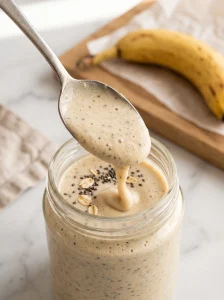 Vegan banana smoothie with oats and chia seeds dripping from a silver spoon into a glass jar, a ripe banana on an oak board behind