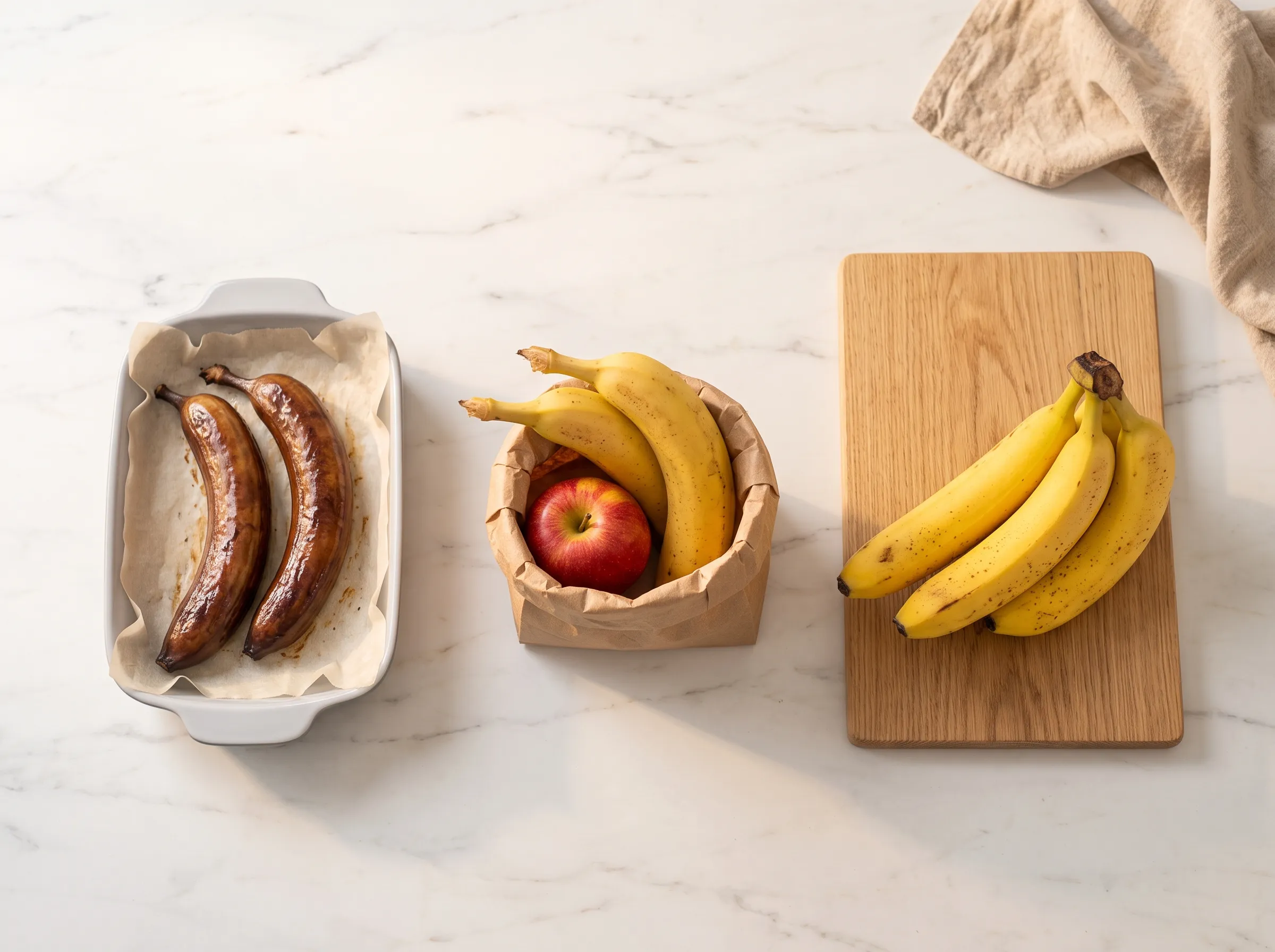 Ways to ripen bananas fast: roasted bananas on a baking sheet, a paper bag with an apple and a golden banana bunch