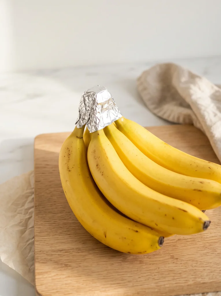 Bunch of golden yellow bananas with the crown wrapped in aluminum foil on an oak board, wrap banana stems with foil