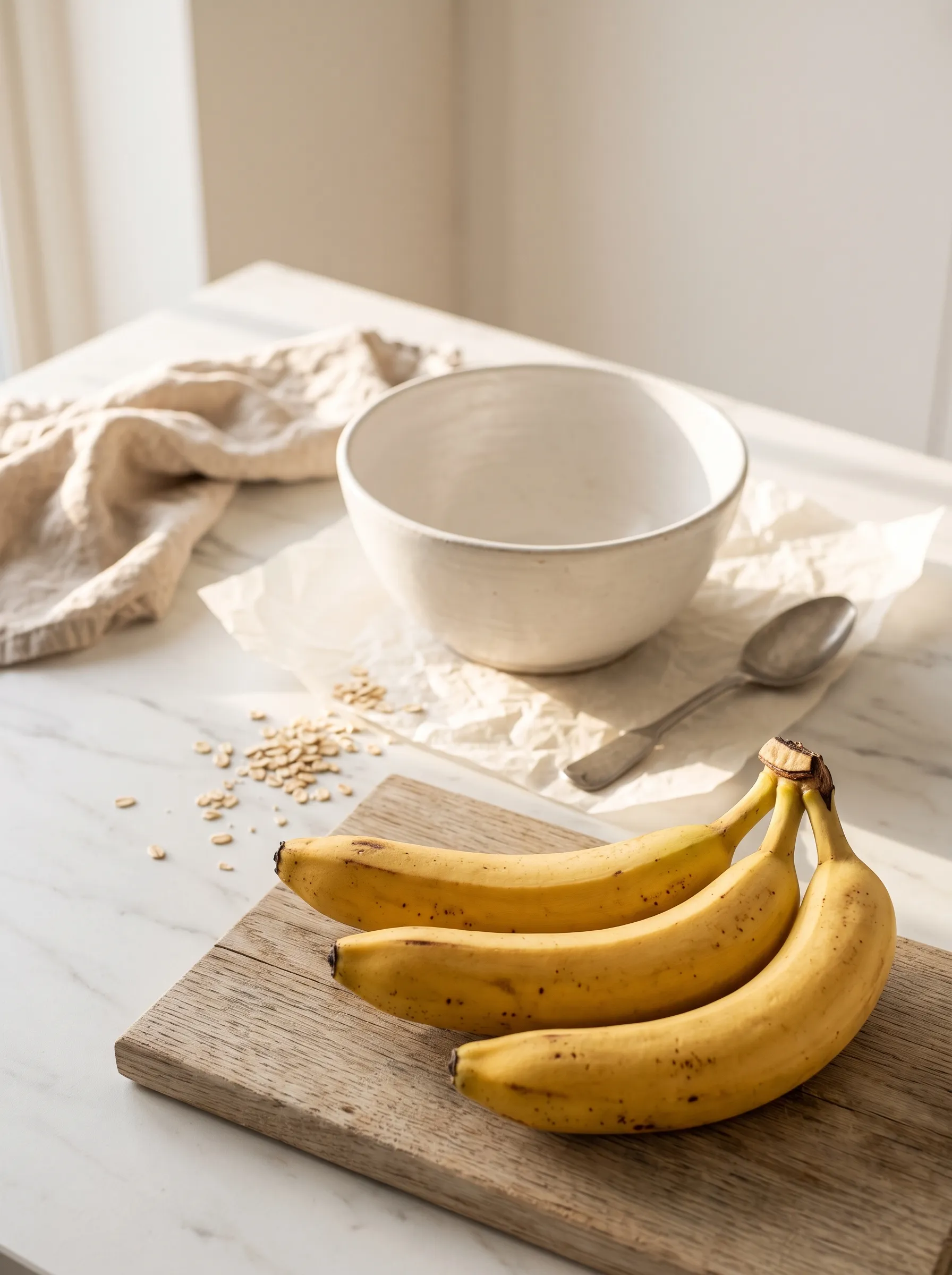 Three ripe bananas on a light oak board with a white mixing bowl, ready for easy banana recipes