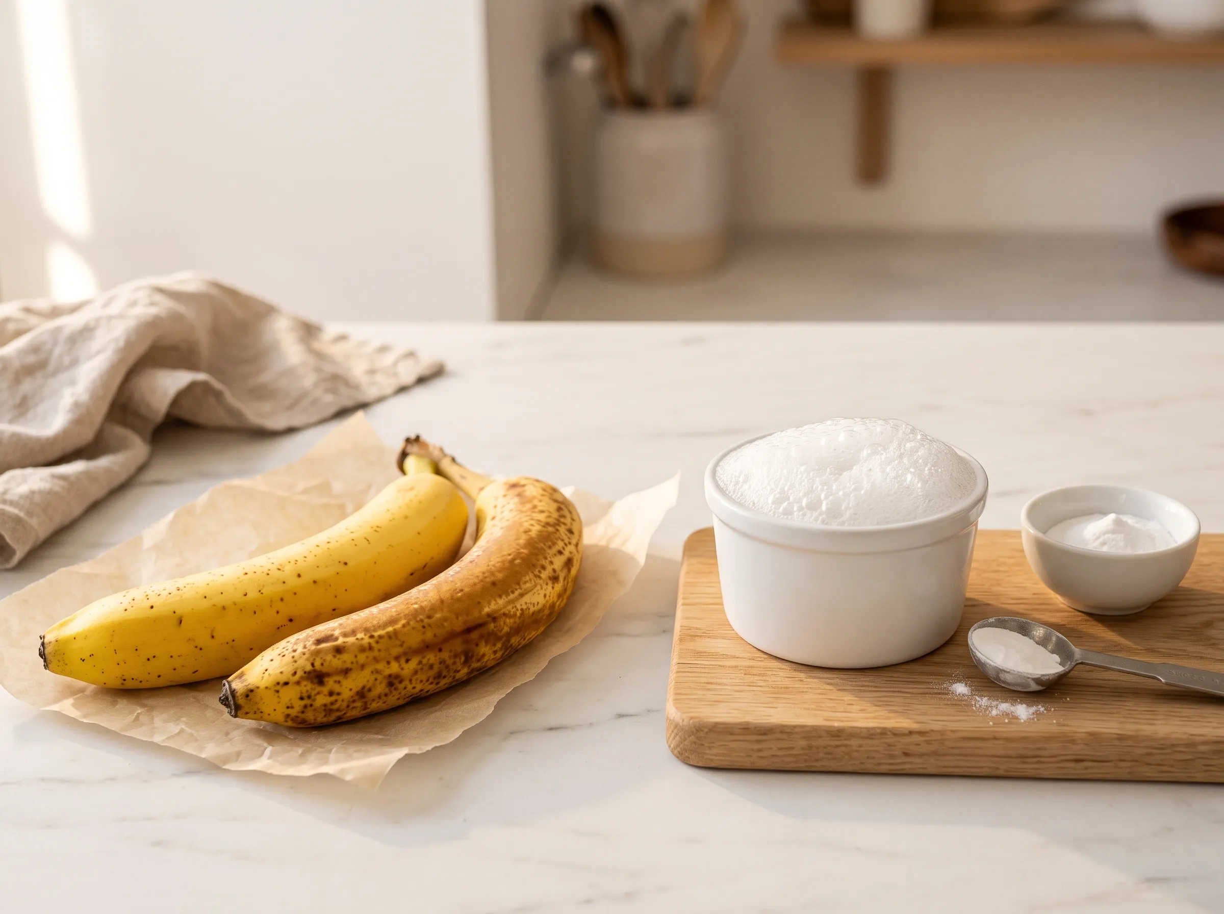 Baking soda fizzing in a ramekin of vinegar beside a ripe banana on marble, testing baking soda for banana bread