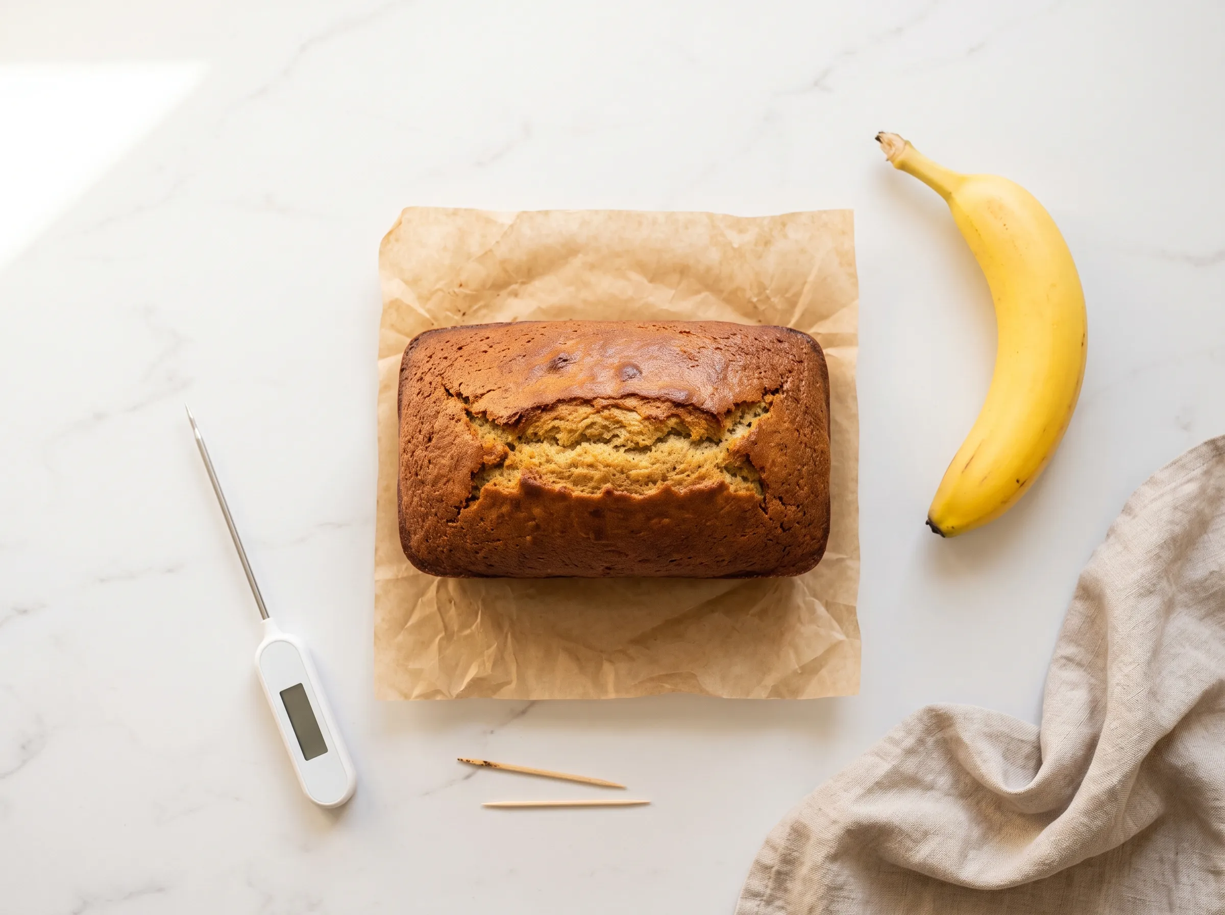 Overhead banana bread loaf with a thermometer, a wooden toothpick and a ripe banana, the 4 banana bread doneness tests