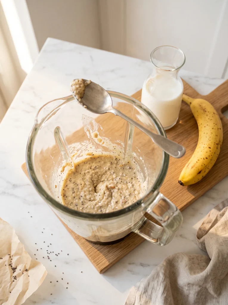 Banana protein smoothie dry blend: banana, chia, almond meal and whey blended into a thick coarse paste in a blender jar