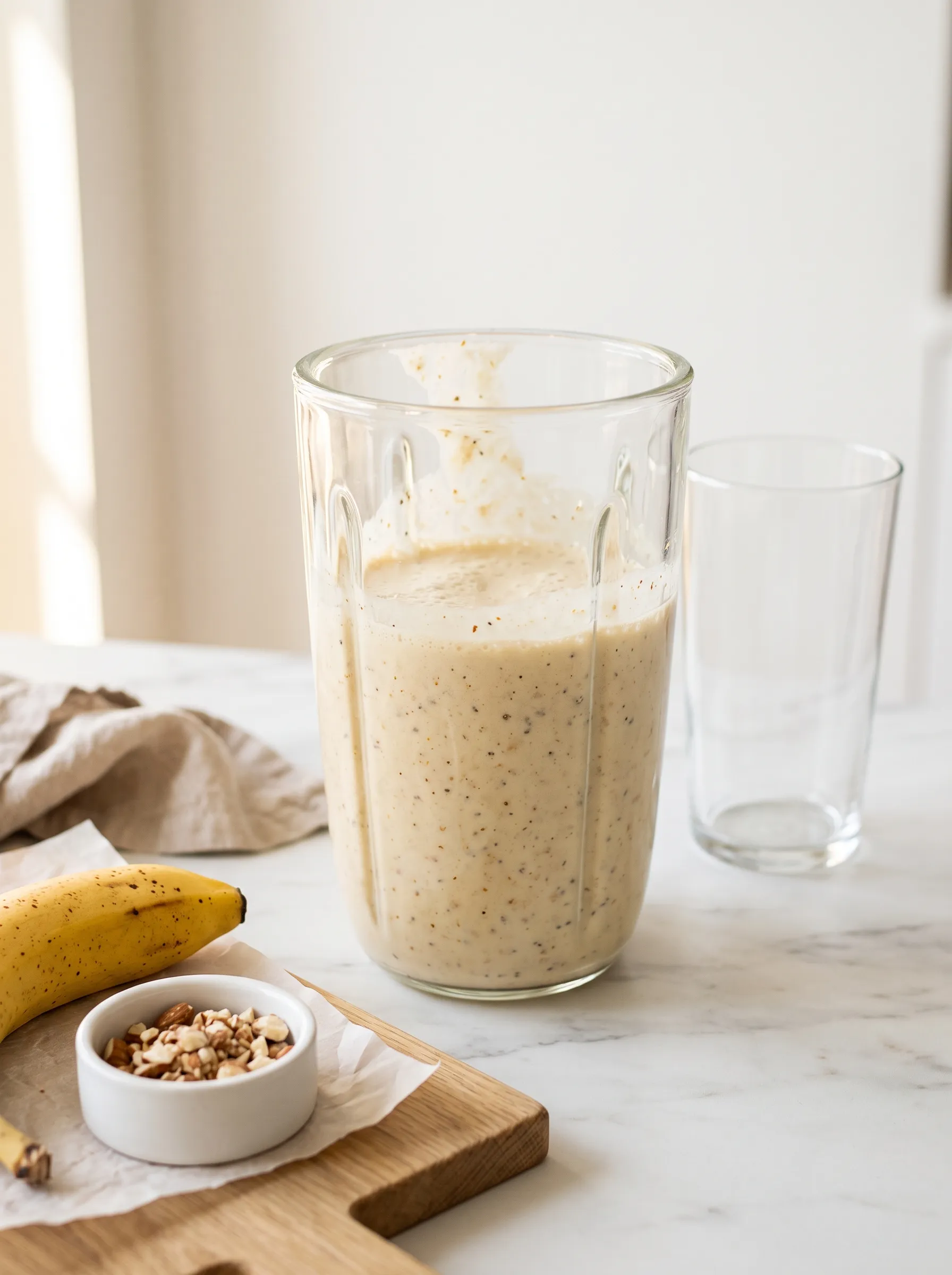 Silky banana whey protein shake with a light foam in a blender jar after blending with milk, a ripe banana beside it