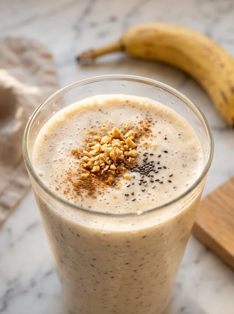 Close-up of a creamy banana whey shake with light foam, crushed almonds, a dusting of cinnamon and whole chia seeds on top