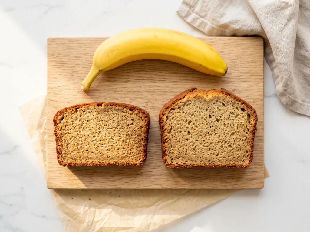 Two banana bread slices side by side, one tight and dense, one soft and tender, why banana bread turns dense