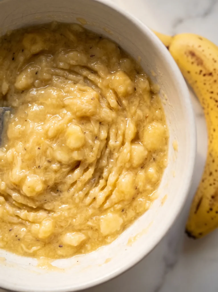 Freshly mashed ripe bananas in a white ceramic bowl next to a spotted banana on a marble counter