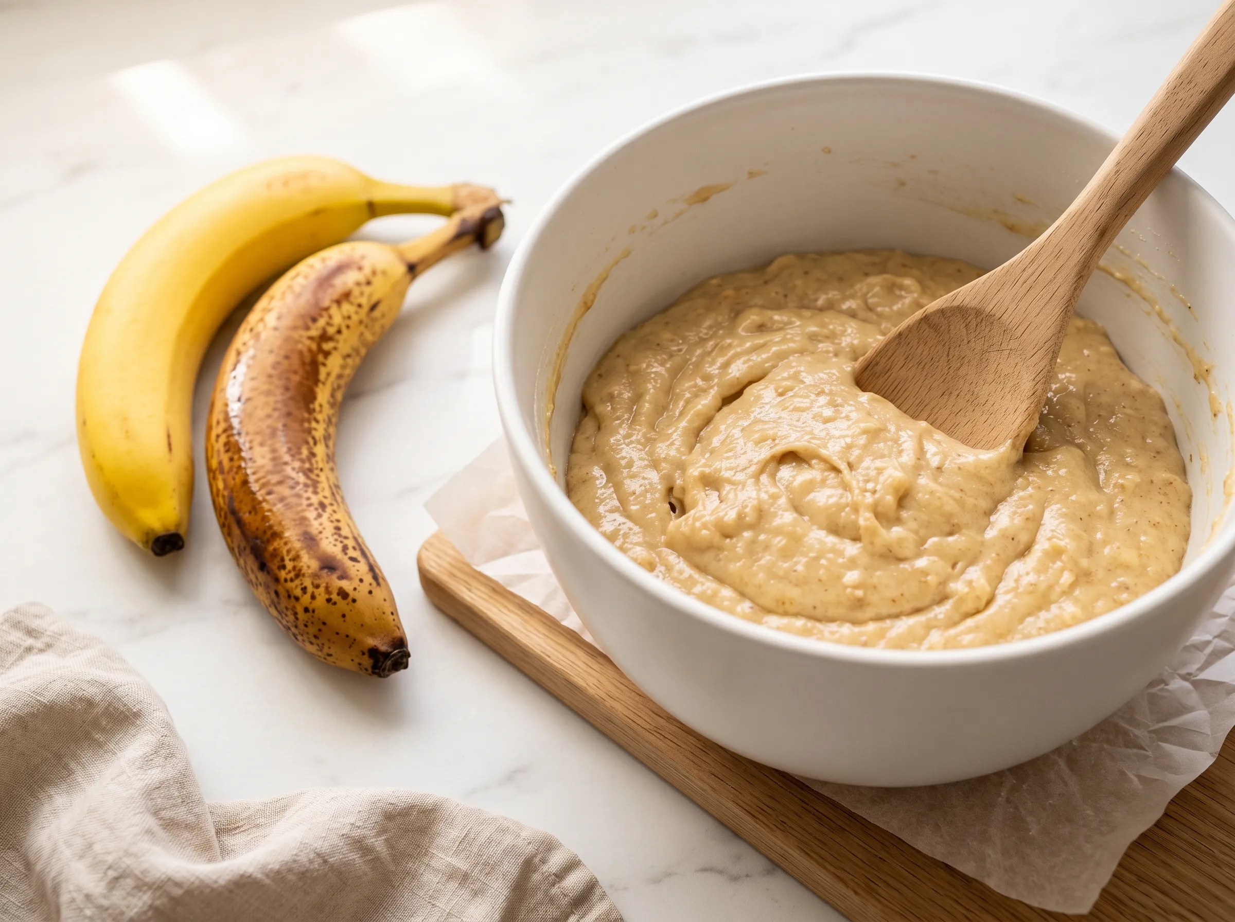 Wooden spatula resting in thick, slightly lumpy banana bread batter in a white bowl, folding without overmixing