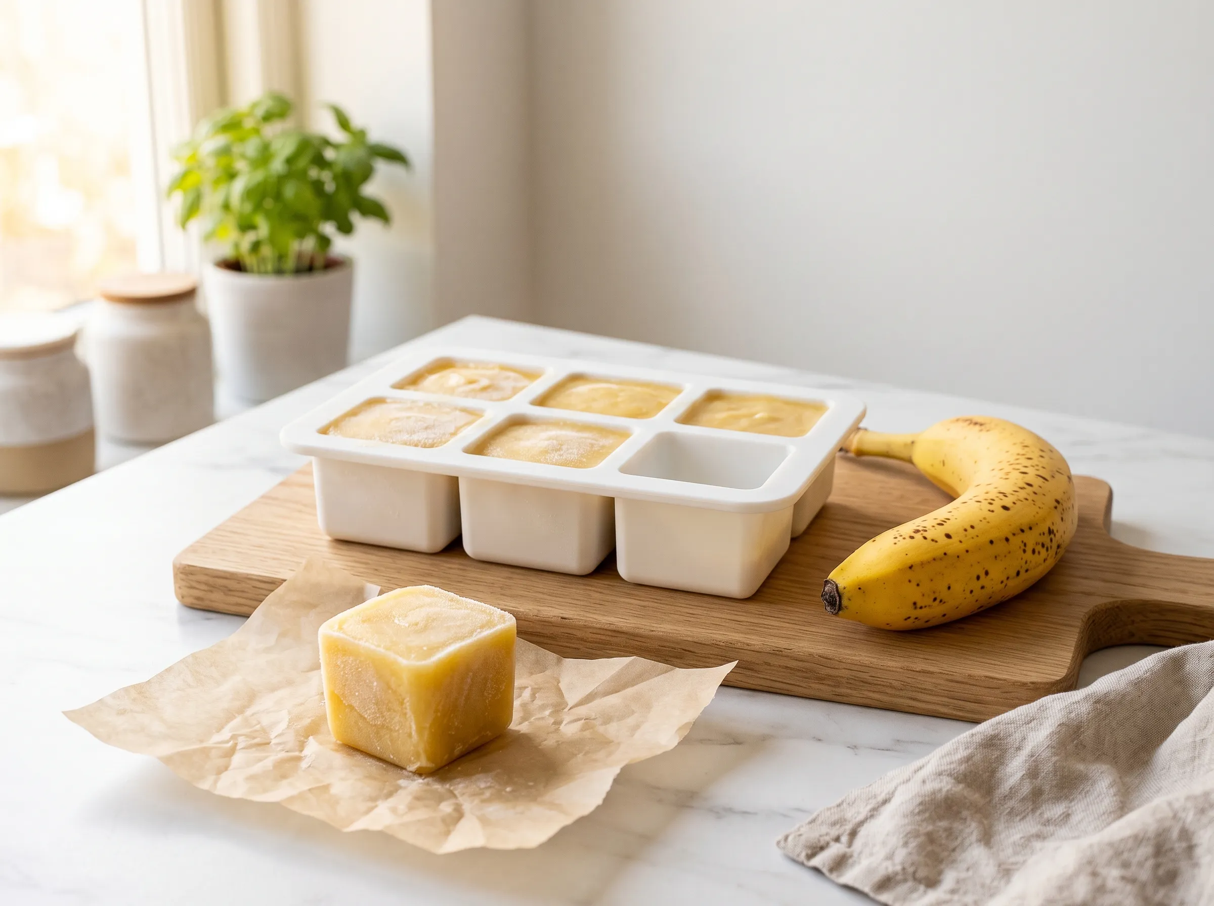 White silicone tray of frozen 1/4-cup mashed banana portions beside a ripe banana, mashed banana for baking