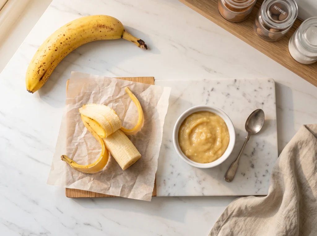 Half a peeled banana next to a small white bowl of 1/4 cup mash, how much mashed banana equals one egg