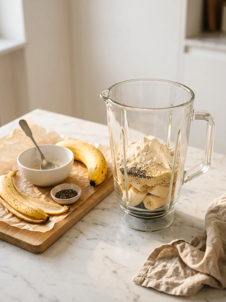How to make a banana protein shake: ripe banana pieces, chia seeds, almond meal and vanilla whey layered in a blender jar