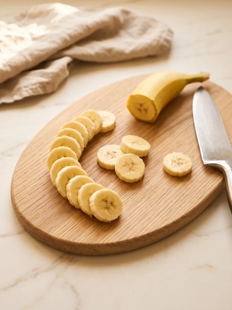 Golden banana coins fanned out on an oak board beside a knife, how to slice bananas
