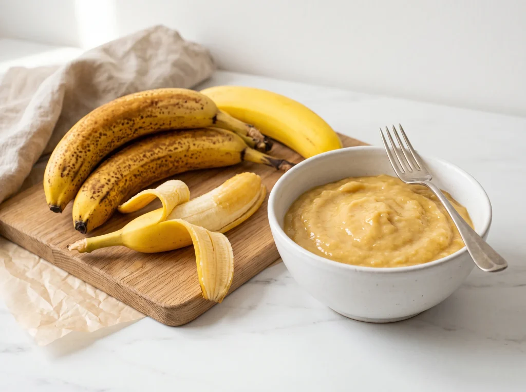 White bowl of smooth mashed banana beside ripe freckled bananas on an oak board, a mashed banana egg substitute