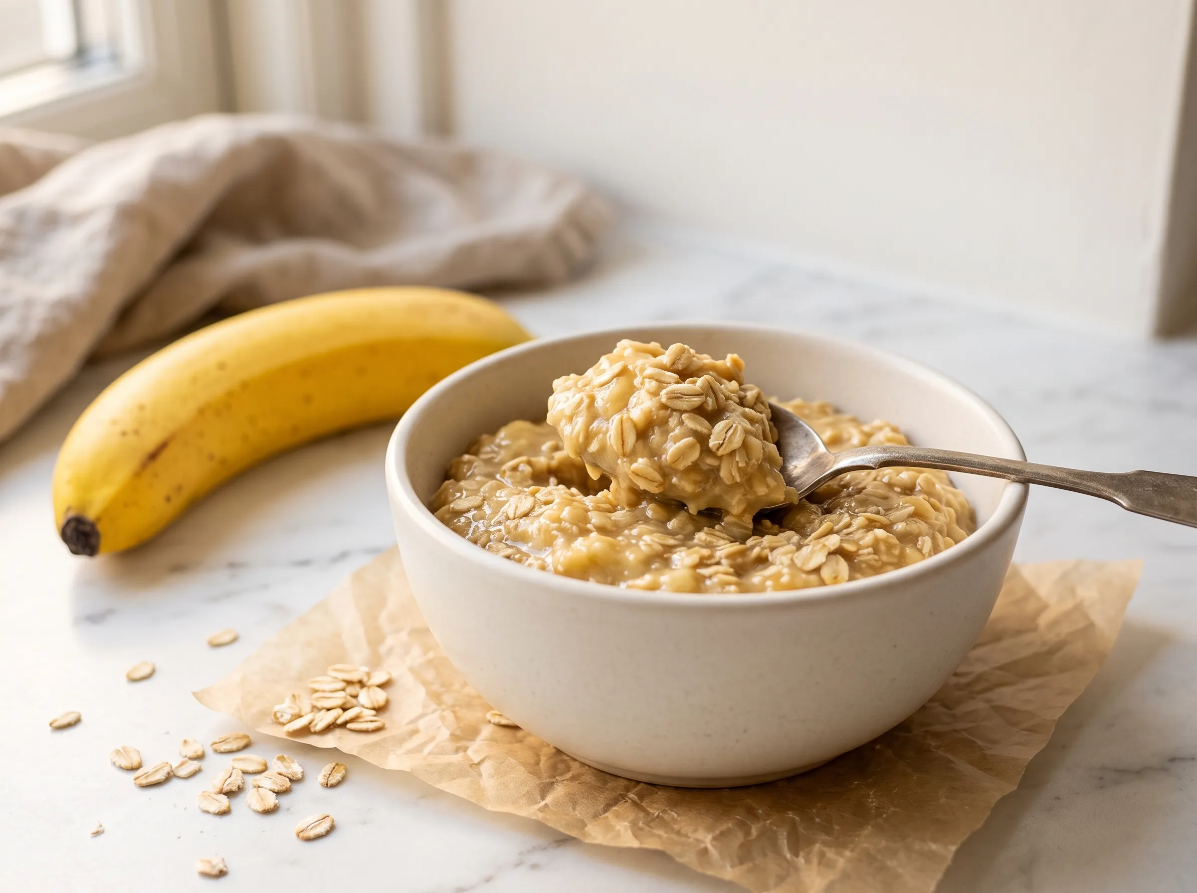 Thick mix of mashed banana and rolled oats in a white bowl, banana as an egg-free binder