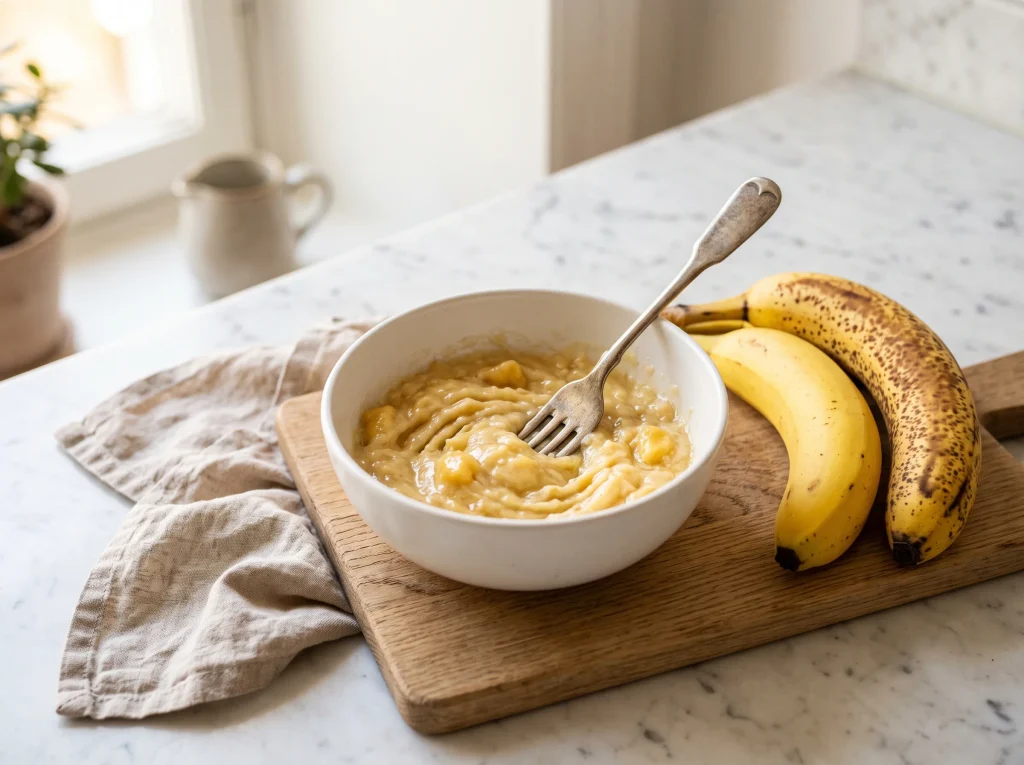 Vintage silver fork in a white bowl of freshly mashed golden banana, mashing banana to replace eggs
