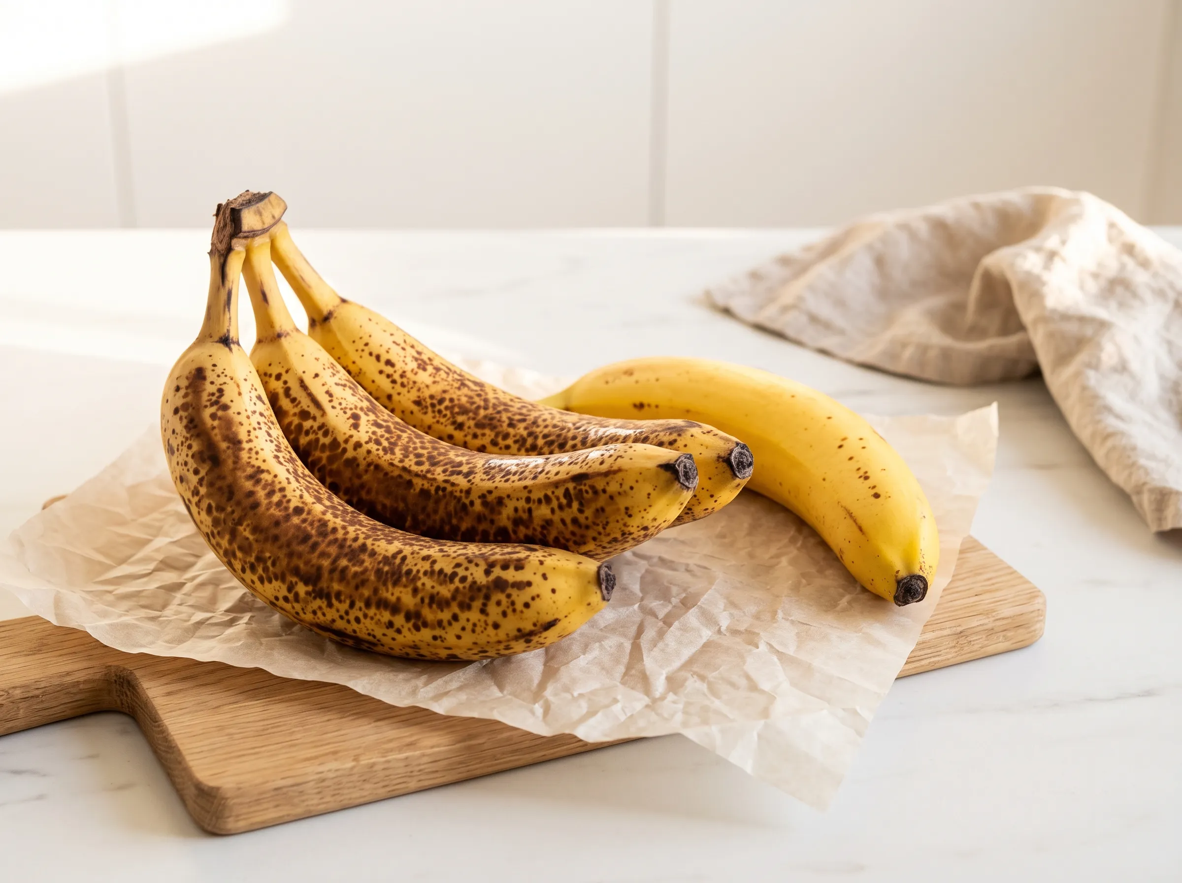 Glossy brown-freckled bananas and one golden yellow banana on parchment, ripe bananas for egg-free baking