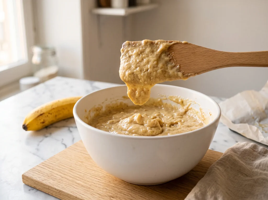 Thick banana bread batter dropping from a wooden spatula in a slow, heavy dollop, the right banana bread batter consistency